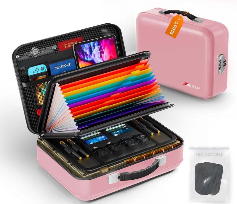 GOELF Fireproof Document Box with Lock, 5200°F Fireproof Water Resistant Hard Case File Organizer Safe Box for Important Documents, Certificates, Laptop, Passports (Pink) - Image 1